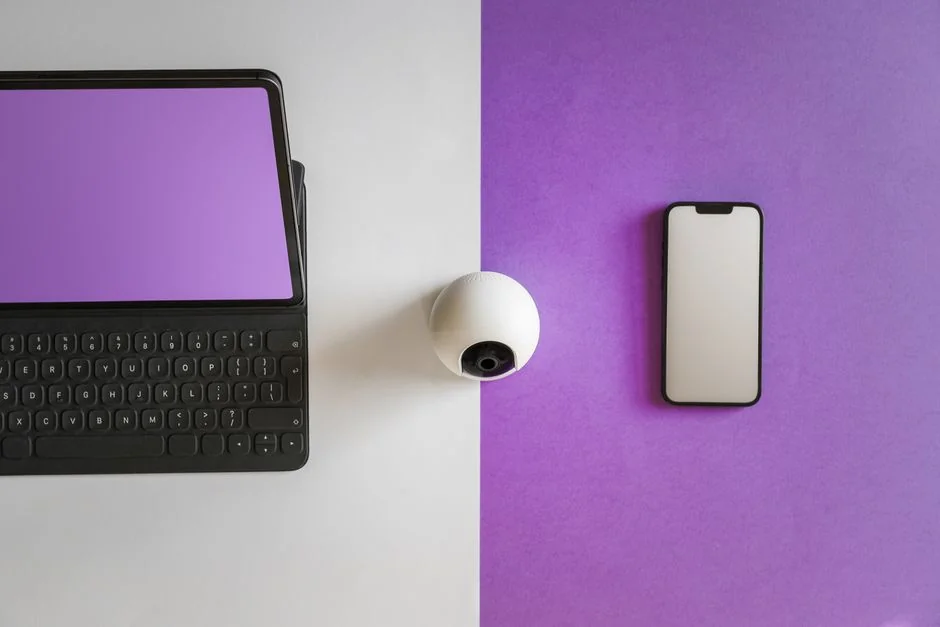 Un espace de travail moderne présentant un ordinateur portable, une tablette et des smartphones, parfait pour un usage tech et freelance.